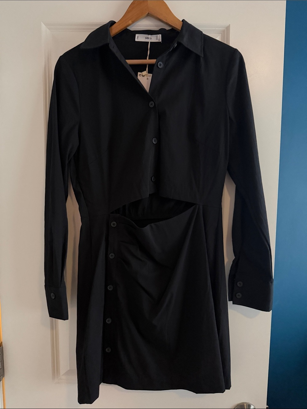 Mango Black Long-Sleeve Button Down Cropped Cutout Shirt Dress